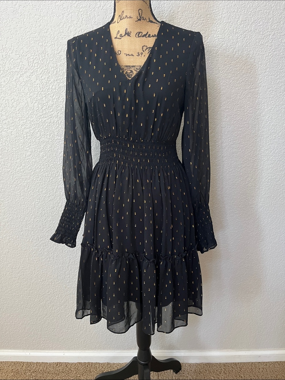 Taylor Black Dress with Gold Dot Accents, V-Neck Long Sleeve